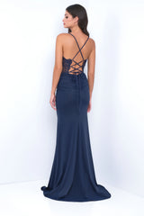 Misha Gown Navy Fitted Dress With Open Back