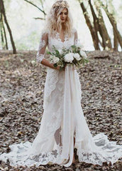 Tulle A Line Lace Appliques 3 4 Sleeve V Neck Romantic Bridal Wedding Gowns