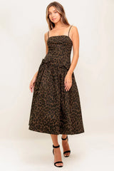 SAVANNAH DARK BROWN MIDI DRESS LEOPARD PRINT