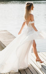A Line Lace White Lace Up Off the Shoulder Wedding Dress with Slit