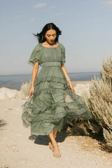 Eugena Ruffled Maxi Dress in Teal