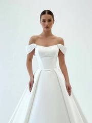 Elegant A Line Off the Shoulder White Satin Wedding Dresses