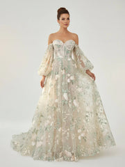A Line Light Green Sweetheart Pearl Wedding Dress