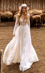 A Line Boho Lace Wedding Dress with Sleeves Plunging Neckline Sweep Train