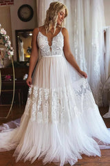 Ivory Boho A Line Long Tulle Wedding Dress with Appliques