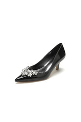 Black Elegant Low Heel Shoes with Crystal Embellishment