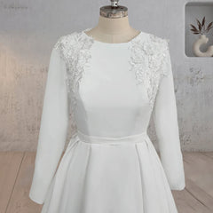 A Line White Long Sleeves Appliqued Wedding Dresses with Train