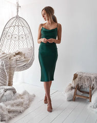 Aspen Midi Dress Emerald Green Satin Slip Dress