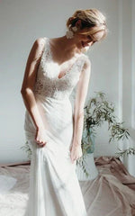 Lace Sleeveless Elegant Mermaid Plunging V neck Bridal Gown With Deep V back And Buttons