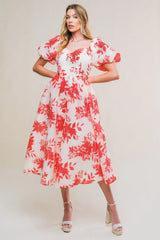 COTTAGE GARDEN PUFF SLEEVE MIDI DRESS RED