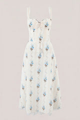 White Warm Rose Print Cotton Ruffled Midi Dress