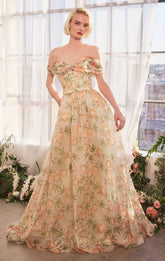 A1466 FLORAL PRINTED OFF THE SHOULDER A LINE DRESS Andrea Leo