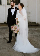Simple Elegant Half Sleeves Crepe O Neck White Wedding Dresses with Sash