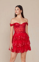 BRENNA MINI DRESS RED OFF SHOULDER TIERED SHORT DRESS