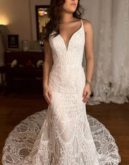Mermaid V Neck Spaghetti Straps Sweep Train Lace Wedding Dress