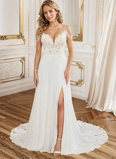 A Line V Neck Sweep Train Wedding Dress With Lace Split Front