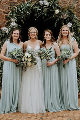 Grey Green Chiffon Spaghetti Straps A Line Long Bridesmaid Dress