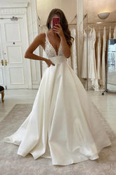 A Line V neck Lace Appliques Satin Wedding Dress Bridal Gowns