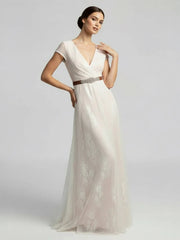 Short Sleeve V neck Pleated Long Lace Wedding Dress