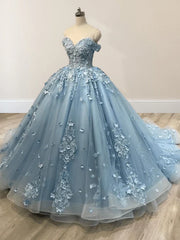 Acacia Lace Dusty Blue Off the Shoulder Ball Gown Quinceanera Dresses
