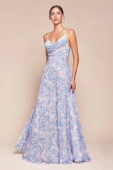 IRIS GOWN BLUE A LINE SOFT CHIFFON PRINT DRESS
