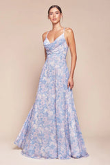 IRIS GOWN BLUE A LINE SOFT CHIFFON PRINT DRESS