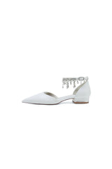 White Pearl Beaded Ankle Strap Pointed Toe Low Heels