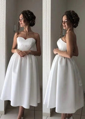 Short Satin Sweetheart Tea length Bridal Dress for Casual Wedding