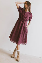 Cecy Embroidered Midi Dress in Burgundy FINAL SALE