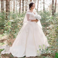 A Line Satin Sweep Train White Wedding Dress with Sleeveless