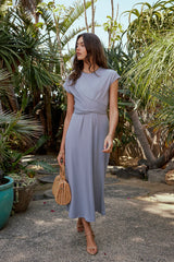 Vaeda Ribbed Tie Dress in Slate Blue FINAL SALE