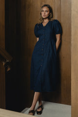 Conley Pinstripe Midi Dress in Medium Wash