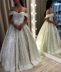 Shiny Silver Sequin A Line Wedding Dresses Off the Shoulder