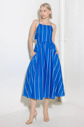 LET THE GOOD IN BLUE STRIPE TIE BACK MIDI DRESS
