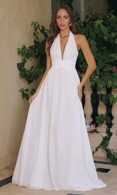 TARA GOWN OFF WHITE FLOWY CHIFFON HALTER DRESS