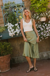Lovinia Satin Midi Skirt in Olive FINAL SALE
