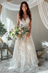 Exquisite A Line V Neck Lace Boho Wedding Dresses