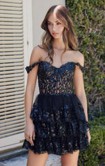 BRENNA MINI DRESS BLACK OFF SHOULDER TIERED SHORT DRESS