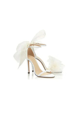 Asymmetric Bow Embellished Satin High Heel Sandals