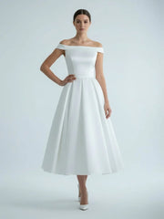 Sleeveless Tea Length Satin Wedding Dress With Sash And Off The Shoulder Neck
