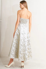 WHITE GOLD JACQUARD STRAPLESS MIDI DRESS
