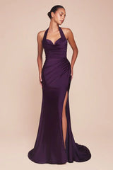 Autumn Gown Stretch Spandex Satin Halter Fitted Dress
