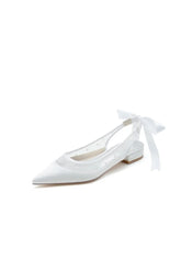 Satin Pointed Toe Mesh Low Heels With Bow