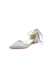 Pearl Ribbon Pointed Toe Ankle Strap Kitten Heels