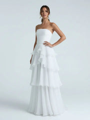 Cute A Line Chiffon Strapless Tiered Wedding Dresses