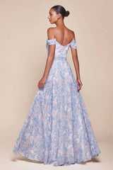 TILDA GOWN ROSE OFF THE SHOULDER FLORAL PRINTED A LINE DRESS