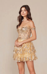 BRENNA MINI DRESS GOLD OFF SHOULDER TIERED SHORT DRESS