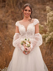 A Line Sweetheart Long Sleeves Elegant Tulle Wedding Dresses With Appliques Lace