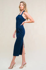SO QUINTESSENTIAL BODYCON HALTER DENIM MIDI DRESS