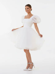 A Line Square Neck Short Wedding Dress With Puffy Pearls Sleeves